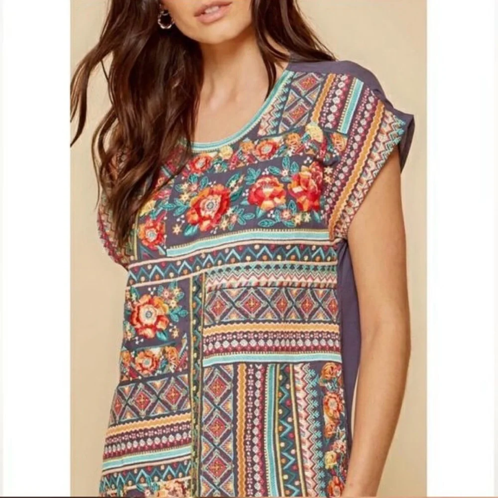 Savanna Jane Embroidered Patchwork Floral Boho Top - Picture 7 of 7